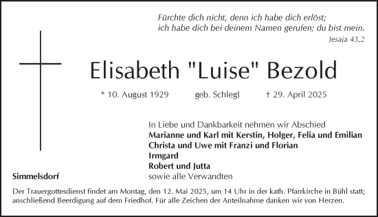 Traueranzeige von Elisabeth Bezold von Pegnitz-Zeitung