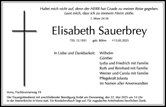 Traueranzeige von Elisabeth Sauerbrey von Hersbrucker Zeitung Lokal