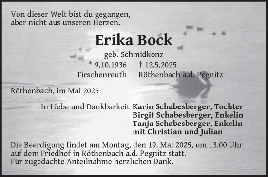 Traueranzeige von Erika Bock von Pegnitz-Zeitung