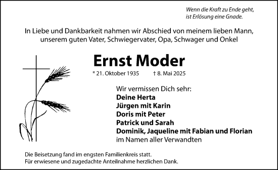 Traueranzeige von Ernst Moder von Hersbrucker Zeitung Lokal
