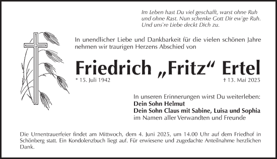 Traueranzeige von Friedrich Ertel von Pegnitz-Zeitung