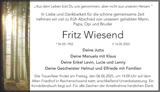 Traueranzeige von Fritz Wiesend von Hersbrucker Zeitung Lokal