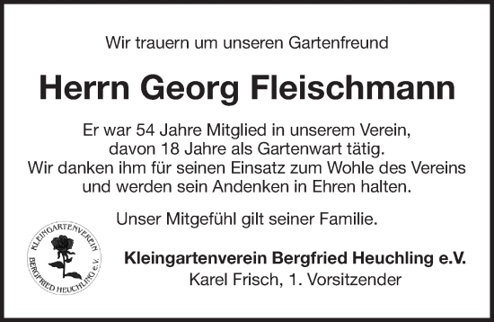 Traueranzeige von Georg Fleischmann von Pegnitz-Zeitung