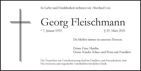 Traueranzeige von Georg Fleischmann von Pegnitz-Zeitung