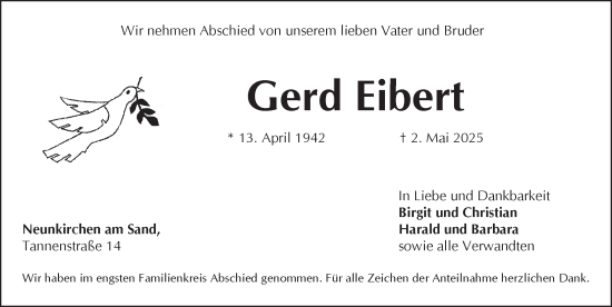 Traueranzeige von Gerd Eibert von Pegnitz-Zeitung