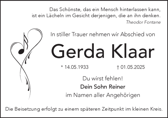 Traueranzeige von Gerda Klaar von Pegnitz-Zeitung