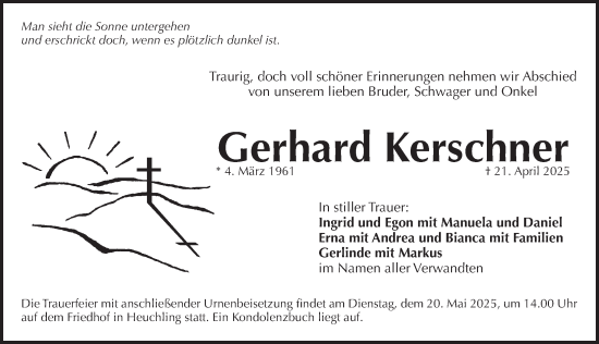 Traueranzeige von Gerhard Kerschner von Pegnitz-Zeitung