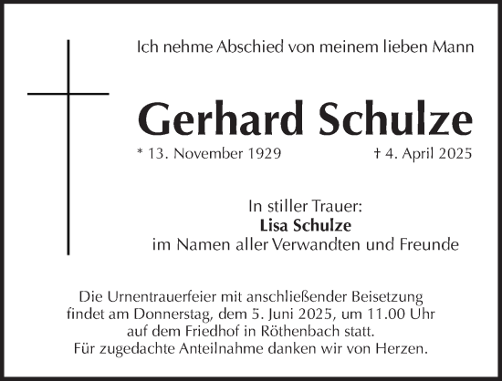 Traueranzeige von Gerhard Schulze von Pegnitz-Zeitung
