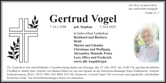 Traueranzeige von Gertrud Vogel von Der Bote