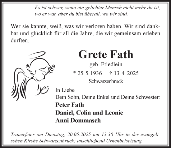 Traueranzeige von Grete Fath von Der Bote