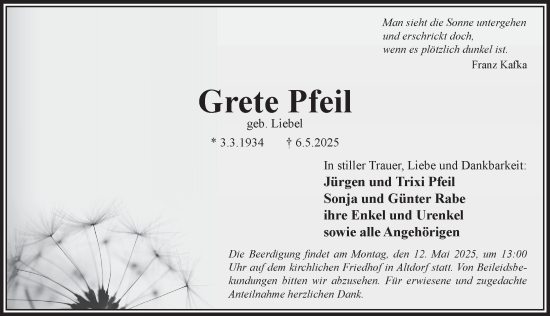 Traueranzeige von Grete Pfeil von Der Bote