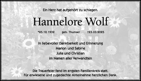Traueranzeige von Hannelore Wolt von Hersbrucker Zeitung Lokal