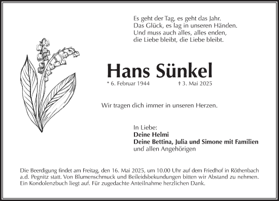 Traueranzeige von Hans Sünkel von Pegnitz-Zeitung