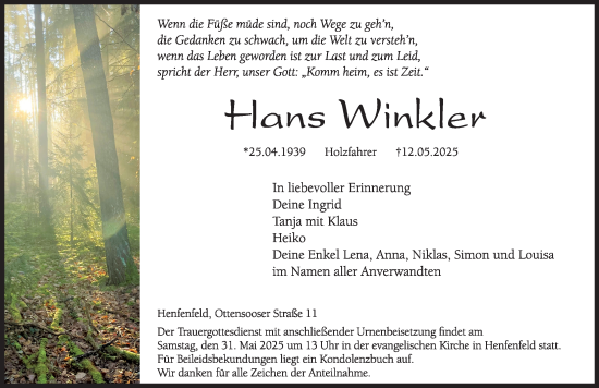 Traueranzeige von Hans Winkler von Hersbrucker Zeitung Lokal