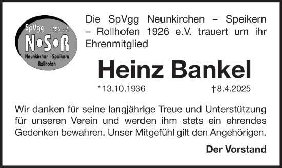 Traueranzeige von Heinz Bankel von Pegnitz-Zeitung