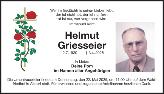 Traueranzeige von Helmut Griesseier von Der Bote