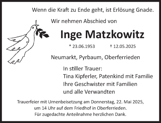 Traueranzeige von Inge Matzkowitz von Der Bote