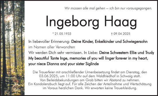 Traueranzeige von Ingeborg Haag von Pegnitz-Zeitung
