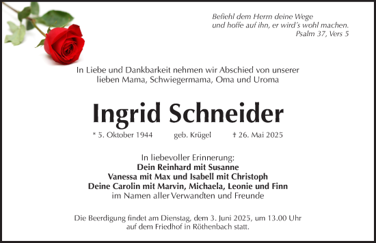 Traueranzeige von Ingrid Schneider von Pegnitz-Zeitung