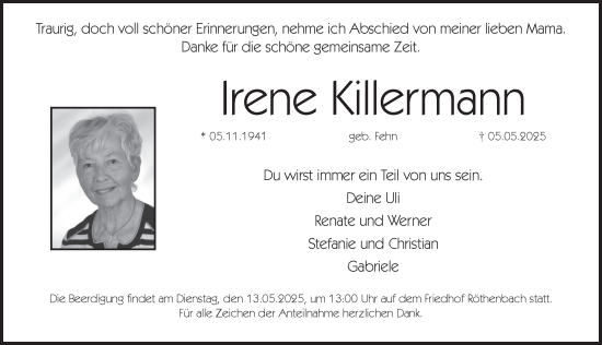 Traueranzeige von Irene Killermann von Pegnitz-Zeitung