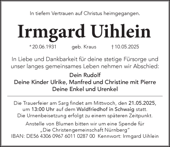 Traueranzeige von Irmgard Uihlein von Pegnitz-Zeitung