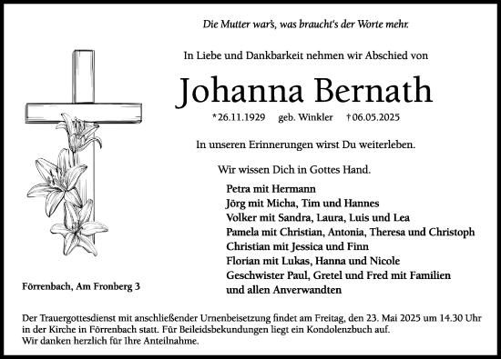 Traueranzeige von Johanna Bernath von Hersbrucker Zeitung Lokal