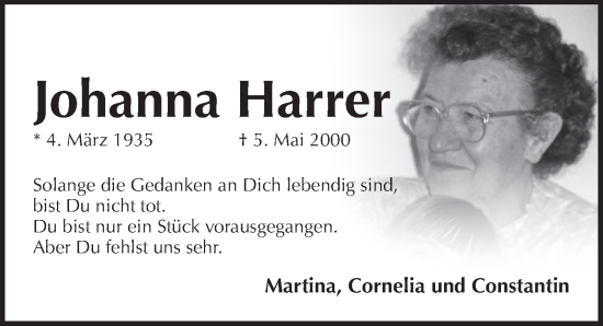 Traueranzeige von Johanna Harrer von Pegnitz-Zeitung
