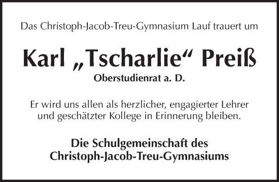 Traueranzeige von Karl Preiß von Pegnitz-Zeitung