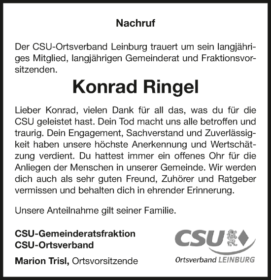 Traueranzeige von Konrad Ringel von Pegnitz-Zeitung