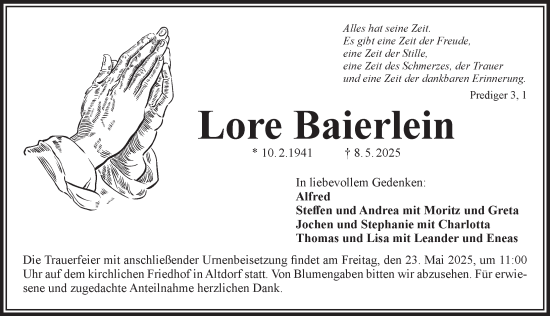 Traueranzeige von Lore Baierlein von Der Bote