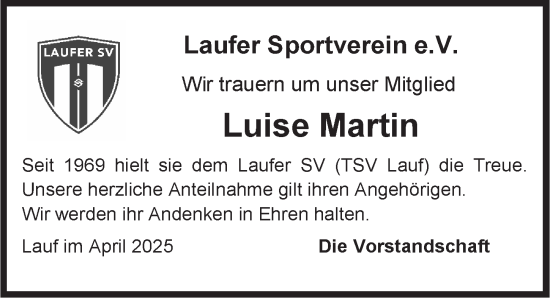 Traueranzeige von Luise Martin von Pegnitz-Zeitung