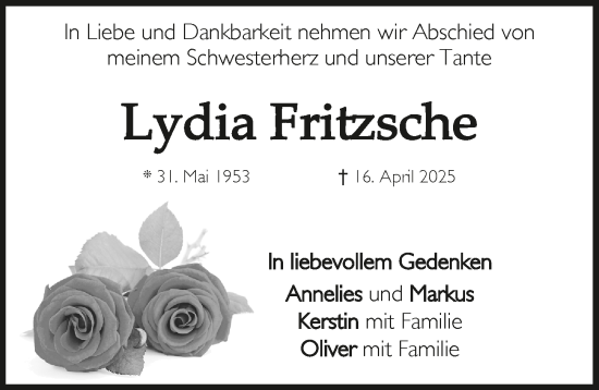 Traueranzeige von Lydia Fritzsche von Pegnitz-Zeitung