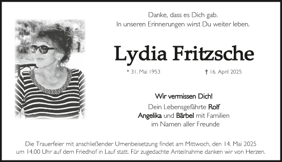 Traueranzeige von Lydia Fritzsche von Pegnitz-Zeitung