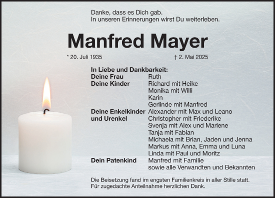 Traueranzeige von Manfred Mayer von Pegnitz-Zeitung