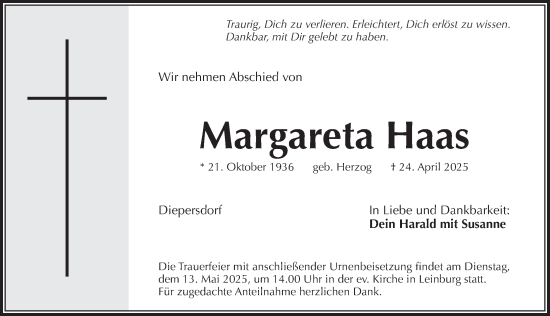 Traueranzeige von Margareta Haas von Pegnitz-Zeitung
