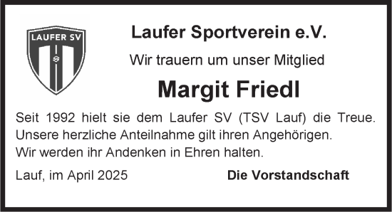 Traueranzeige von Margit Friedl von Pegnitz-Zeitung