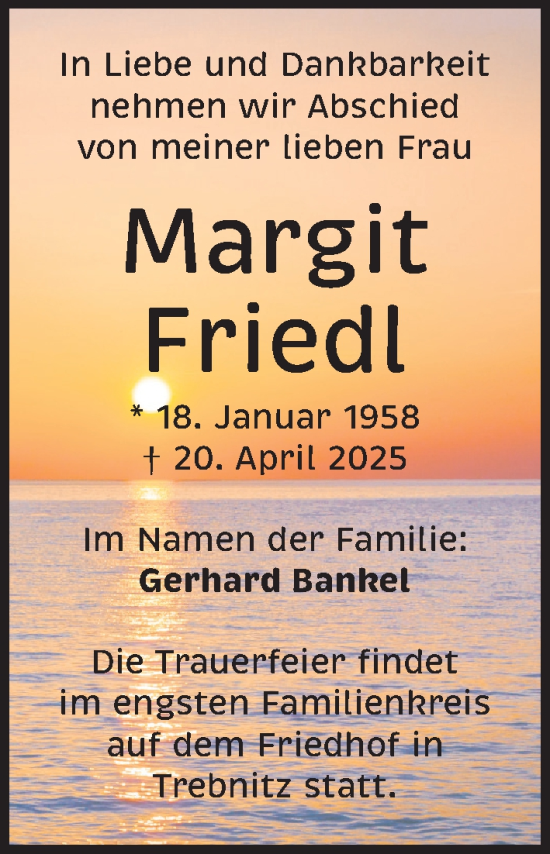 Traueranzeige von Margit Friedl von Pegnitz-Zeitung