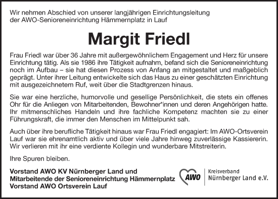 Traueranzeige von Margit Friedl von Pegnitz-Zeitung