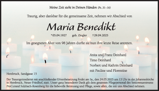 Traueranzeige von Maria Benedikt von Hersbrucker Zeitung Lokal
