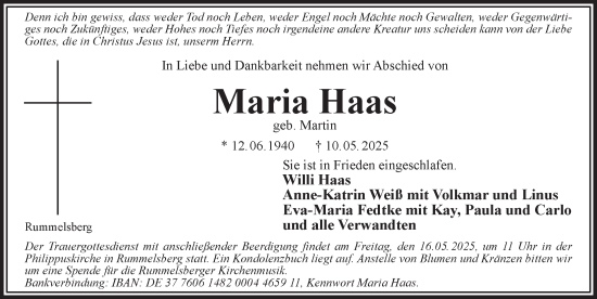 Traueranzeige von Maria Haas von Der Bote