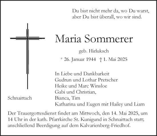 Traueranzeige von Maria Sommerer von Pegnitz-Zeitung