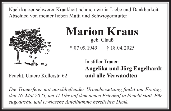 Traueranzeige von Marion Kraus von Der Bote