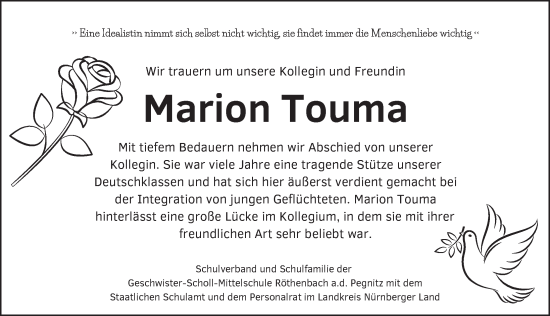 Traueranzeige von Marion Touma von Pegnitz-Zeitung
