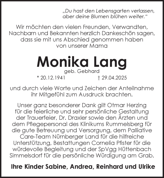 Traueranzeige von Monika Lang von Pegnitz-Zeitung