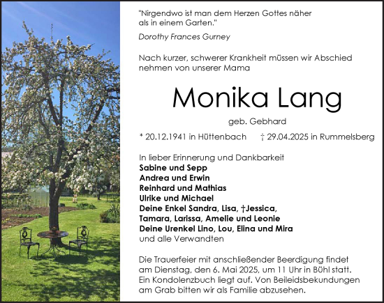 Traueranzeige von Monika Lang von Pegnitz-Zeitung