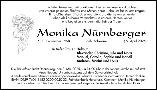 Traueranzeige von Monika Nürnberger von Hersbrucker Zeitung Lokal