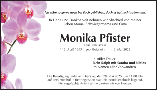 Traueranzeige von Monika Pfister von Pegnitz-Zeitung