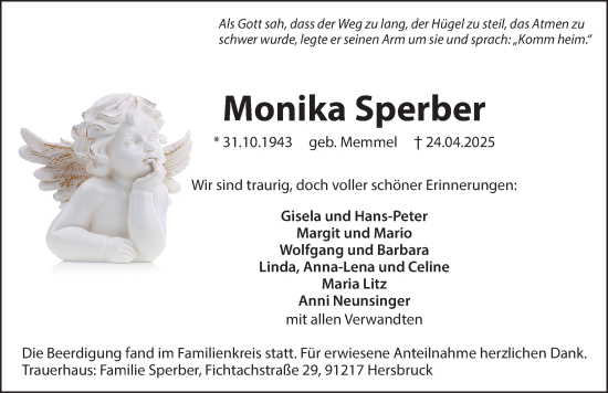 Traueranzeige von Monika Sperber von Hersbrucker Zeitung Lokal
