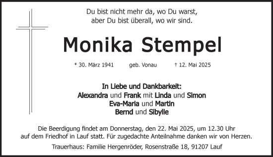 Traueranzeige von Monika Stempel von Pegnitz-Zeitung