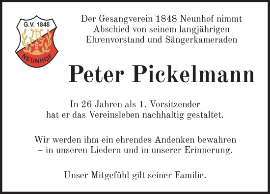 Traueranzeige von Peter Pickelmann von Pegnitz-Zeitung
